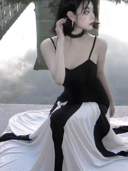 New Fashion Color Combination Design A-line Casual Sleeveless Spaghetti Strap Dress TP3255