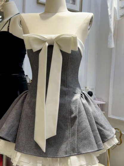 Ballet-style design sense bow bra dress women's high-end waist fluffy short skirt homecoming dress R3001