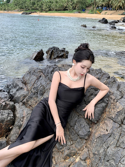 Black suspender dress slim sexy temperament slit silk satin holiday wear skirt R1443