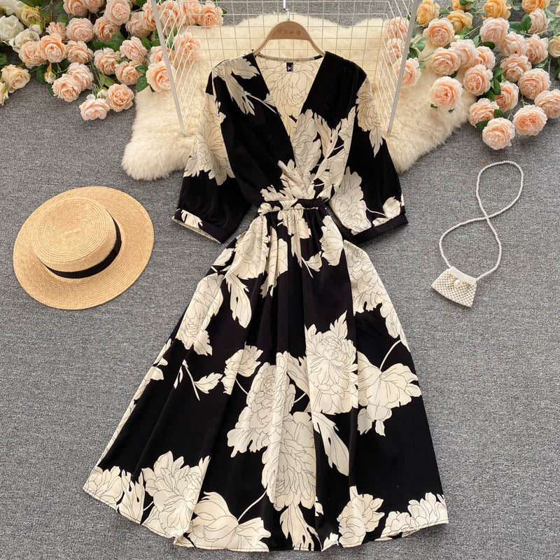 Dress goddess style temperament V-neck slim fit medium long retro print skirt R2206