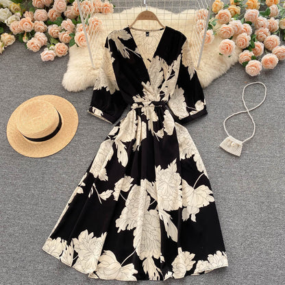 Dress goddess style temperament V-neck slim fit medium long retro print skirt R2206