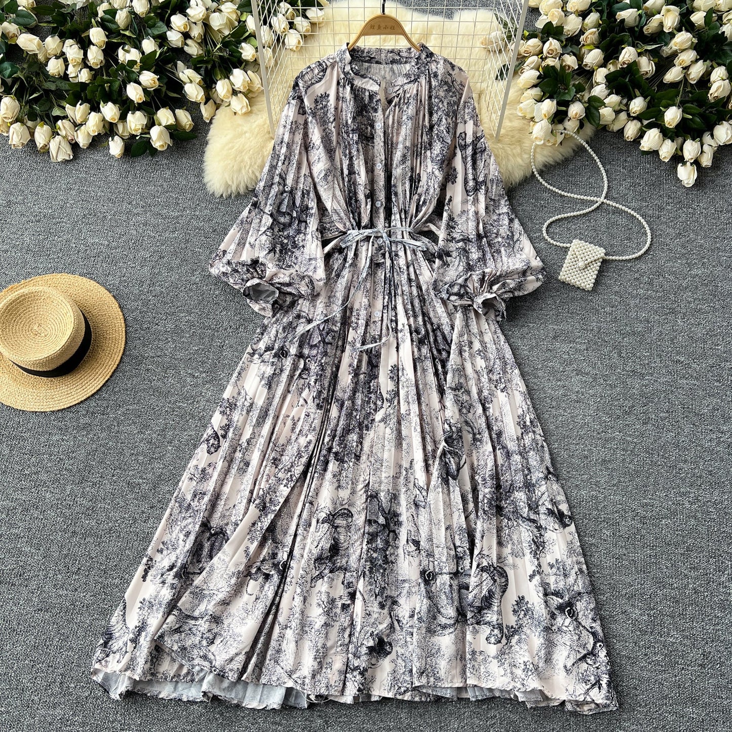 European and American style pleated printed dress lantern long sleeve waist slim long skirt R2322