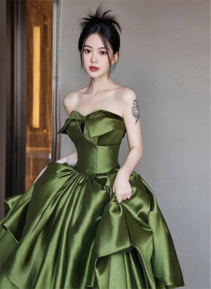 Green Satin Long Off Shoulder Princess Formal Dress, Green Satin Prom Dress