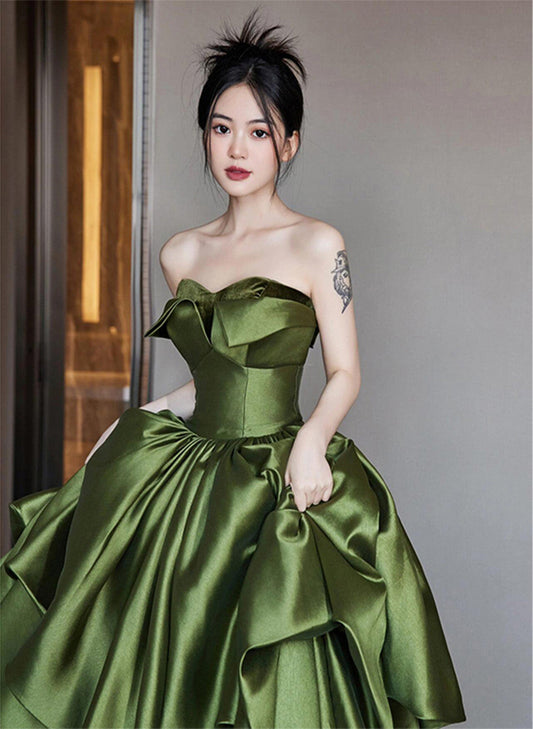 Green Satin Long Off Shoulder Princess Formal Dress, Green Satin Prom Dress