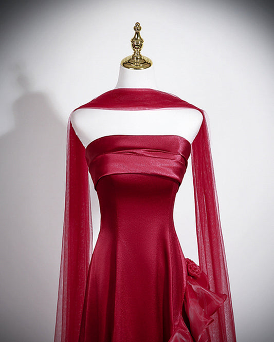 Elegant Strapless Wine Red Evening Gown with Organza Skirt, Wine Red Satin A-line Prom Dress
