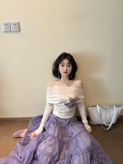 Elegant and gentle temperament one-shoulder long-sleeved top a-line skirt two-piece suit skirt R0875