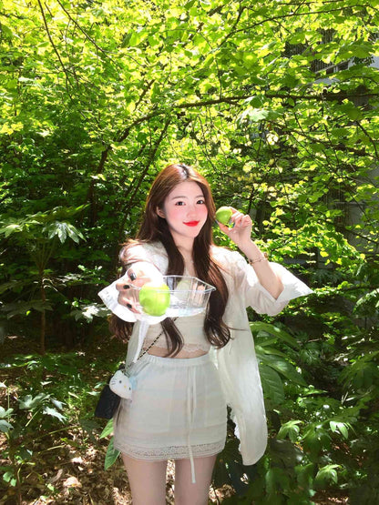 Beautiful and gentle temperament white shirt lace inner a-line skirt three-piece suit R0889