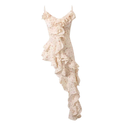 Fashion Irregular Ruffled Floral Design A-line Sleeveless Spaghetti Strap Dress TP3279