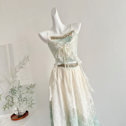 Embroidered Moon Exotic Style Fake Two-Piece Embroidered Suspender Lace Layered Skirt R2047
