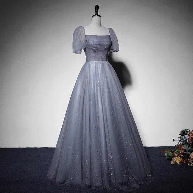 omberprom Tulle Long Formal Dress Party Dress Evening Gown A Line Short Sleeves Prom Dress Wholesale
