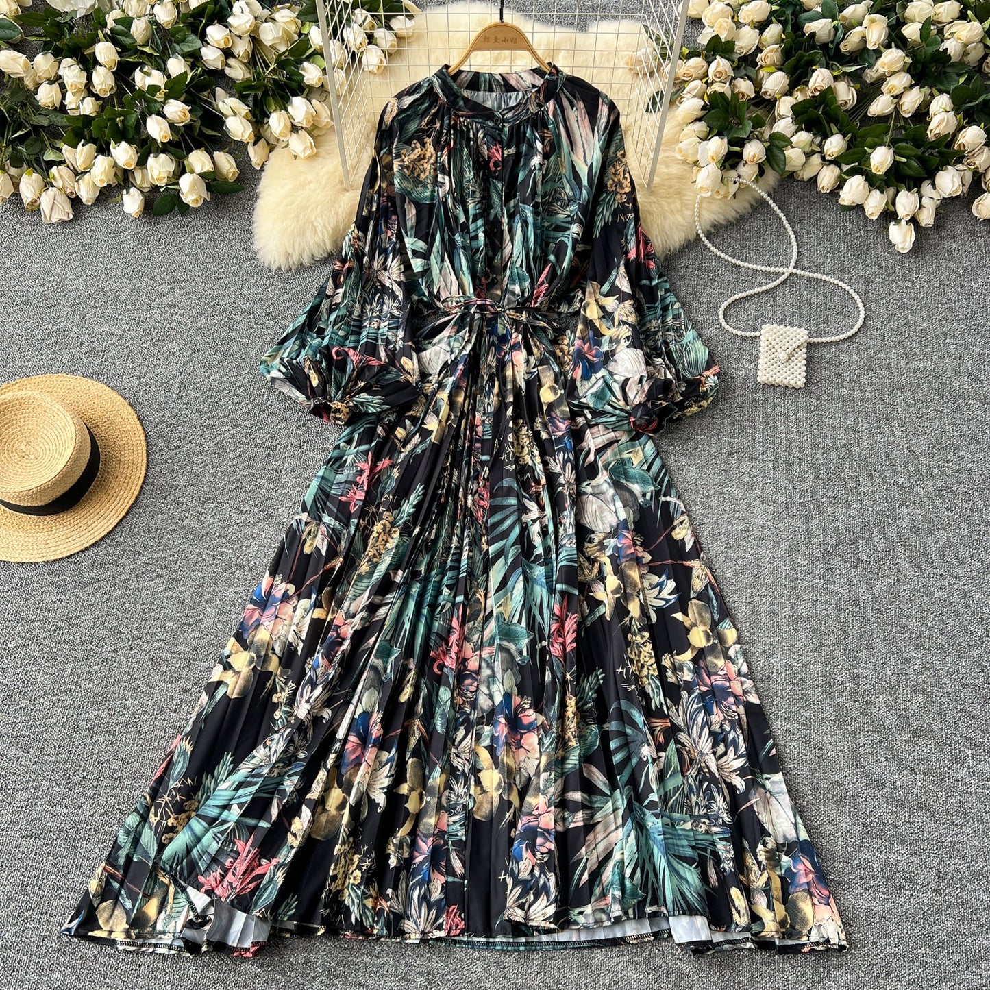 European and American style pleated printed dress lantern long sleeve waist slim long skirt R2322