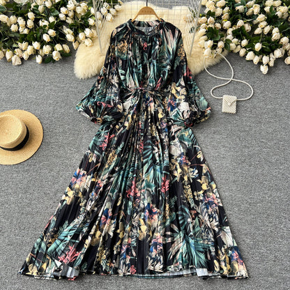 European and American style pleated printed dress lantern long sleeve waist slim long skirt R2322