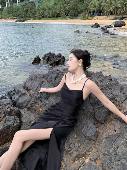 Black suspender dress slim sexy temperament slit silk satin holiday wear skirt R1443