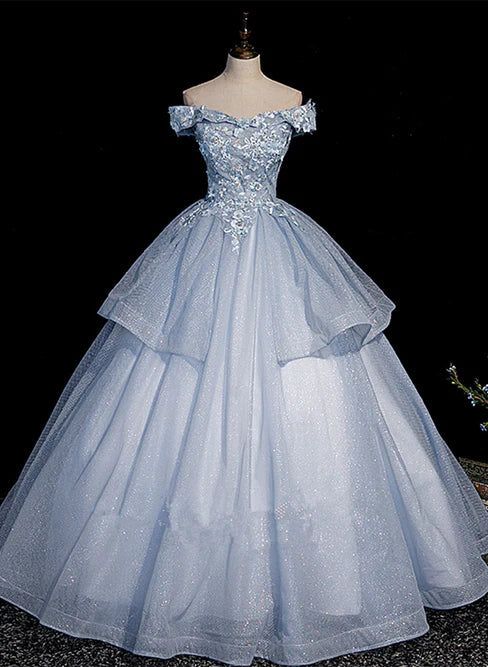 omberprom Light Blue Ball Gown Tulle with Lace Formal Dress Sweet 16 Dresses Off Shoulder Prom Dress