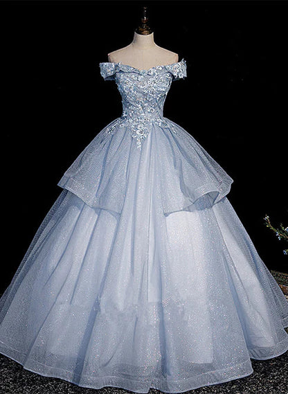 omberprom Light Blue Ball Gown Tulle with Lace Formal Dress Sweet 16 Dresses Off Shoulder Prom Dress