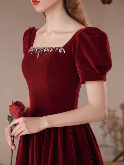 omberprom Wine Red Short Sleeves A-line Velvet Prom Dress Party Dress Bridesmaid Dress Elegant Evening Dress Wholesale