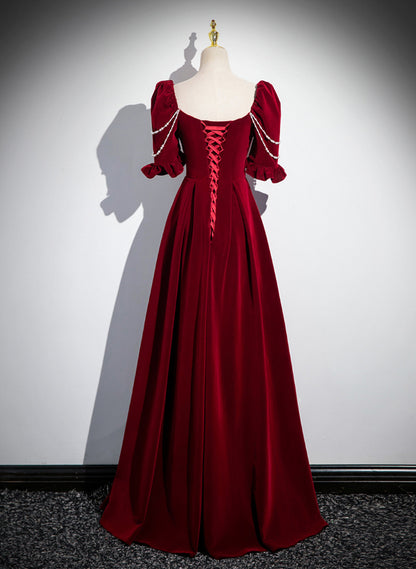 Wine Red A-line Velvet Long Bridesmaid Dress, Wine Red Long Prom Dress