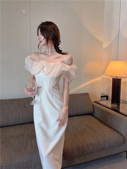 French style one shoulder dress slit gentle style banquet bridesmaid dress long skirt R1429