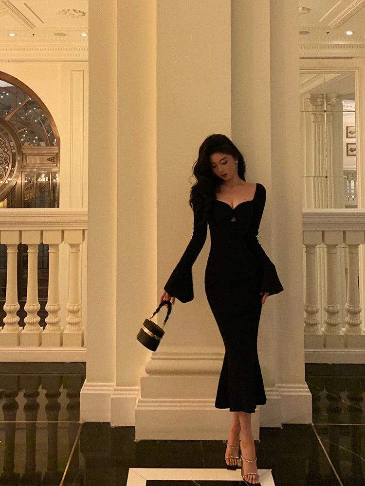 Black mermaid knitted dress women evening party dress    S5510