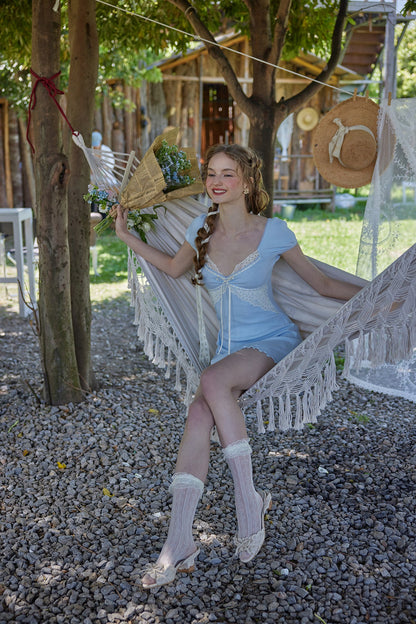 French pastoral style girly soft and versatile blue knitted dress homecoming dress R5148
