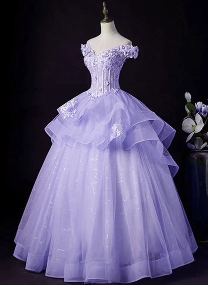 Light Purple Tulle With Lace Off Shoulder Sweet 16 Dress, Light Purple Formal Dress     S2557