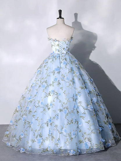 Blue Tulle Lace Long Prom Dresses Ball Gown Blue Sweet 16 Dresses