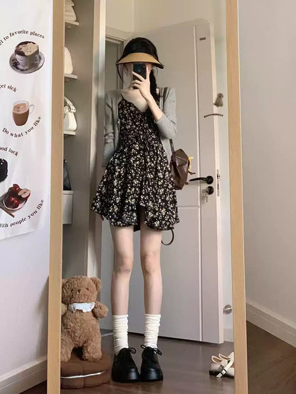 Simple Black Floral Irregular Ruffled Hem Design A-line Sleeveless Spaghetti Strap Dress TP3300