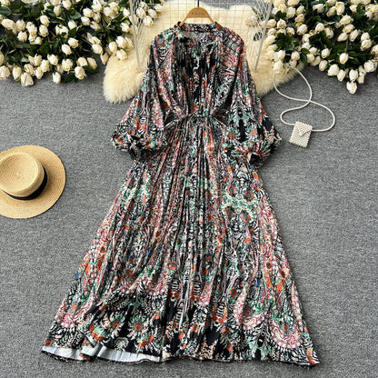 European and American style pleated printed dress lantern long sleeve waist slim long skirt R2322