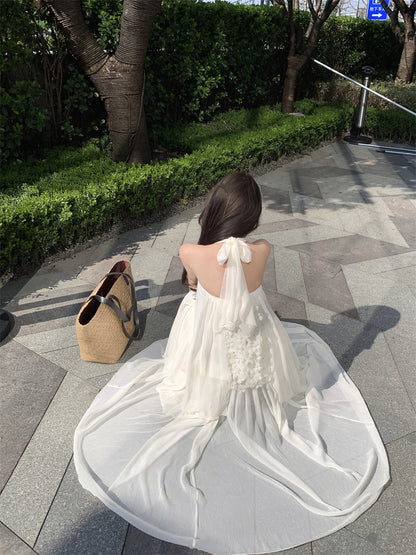 Beautiful suit outfit first love white floral halter neck top skirt two piece skirt R0689