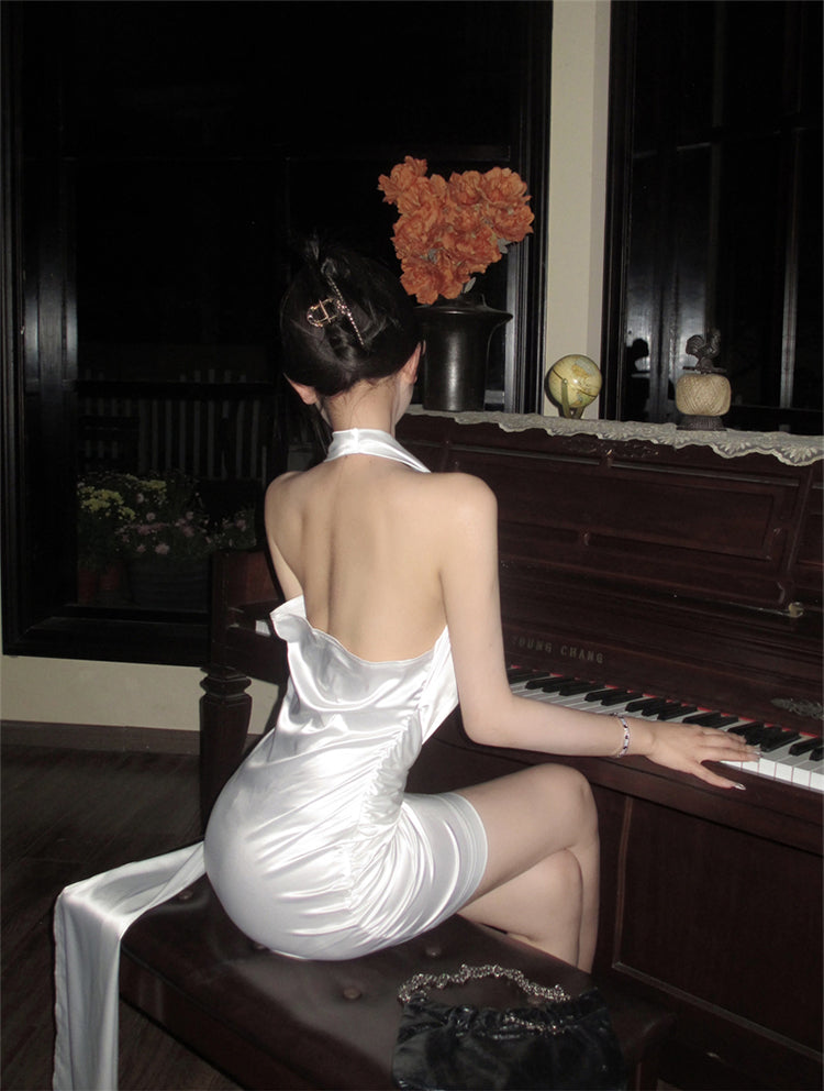 Acetate satin sexy backless halter neck white dress design slim fit temperament hip skirt R1771