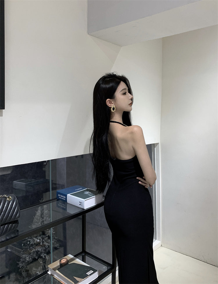 Black slim waist halter dress sexy backless holiday hip-hugging slit inner long skirt R1445