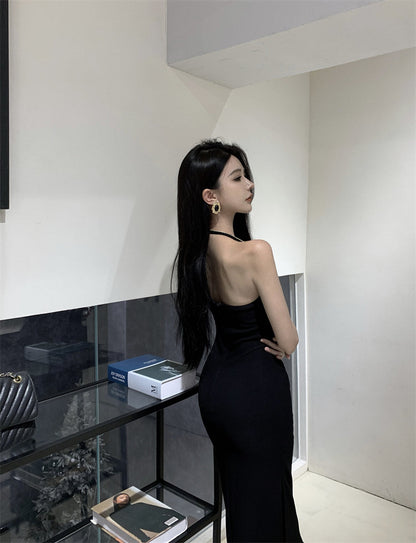 Black slim waist halter dress sexy backless holiday hip-hugging slit inner long skirt R1445