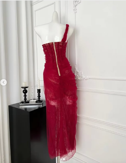 Pretty Burgundy Tulle Lace Prom Dress Evening Dress Y8506
