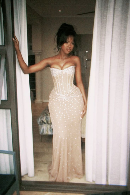 Glamorous Strapless Burgundy Chiffon Sequin Beaded Mermaid Party Dress Formal Evening Gown