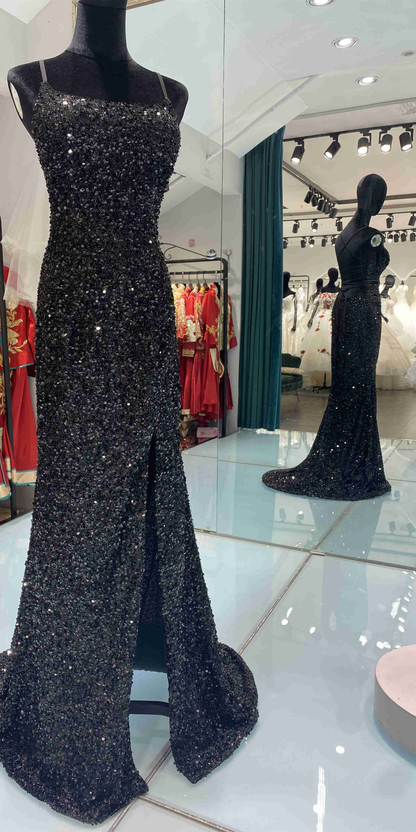 Glitter Mermaid Scoop Neck Black Sequins Long Prom Dresses with Cross Back Y1793