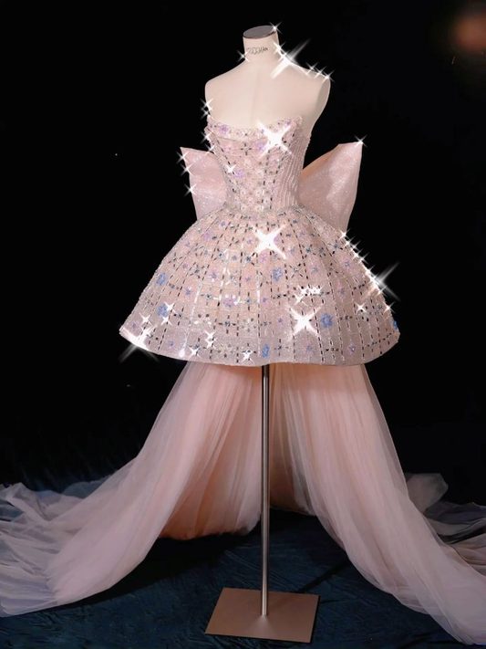 Gorgeous Pink Strapless Tulle Beaded Short Birthday Dress Homecoming Dress With Bow Y8918