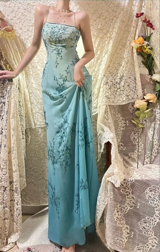 Elegant Spaghetti Straps Ombre Blue Chiffon Beaded A Line Long Prom Dress Formal Evening Gown