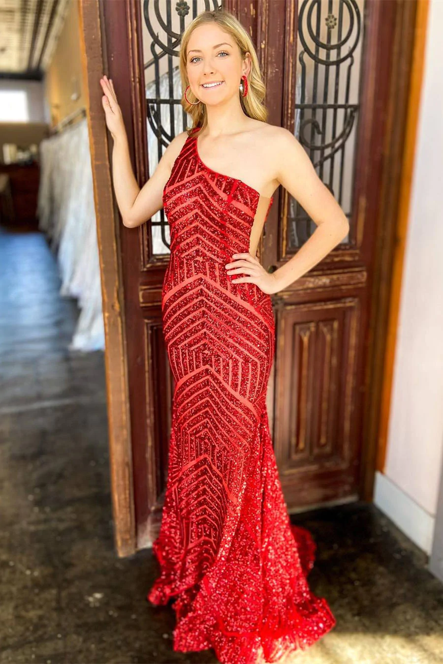 Mermaid One Shoulder Red/Hot Pink Long Prom Dress Y338