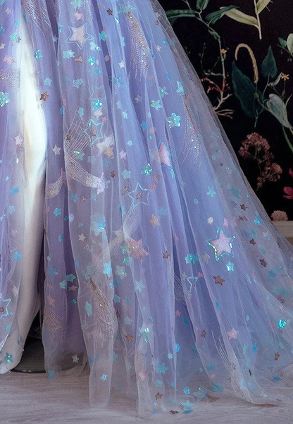 Beautiful Light Purple Tulle Dress Floral Dress Off Shoulder Sweetheart Dress A-line Evening Dresses With Slit Start Applique Long Dress Y932