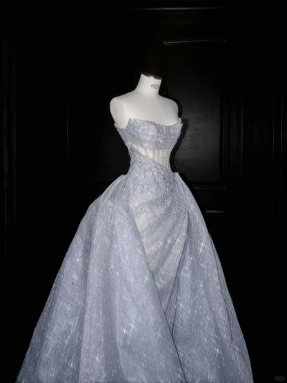 Glitter Strapless Blue Tulle Sequins A Line Prom Dress Evening Dress,Formal Wedding Dress Y8676