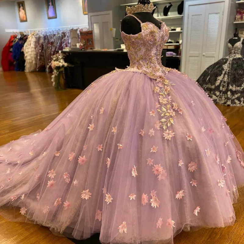 Pretty Spaghetti Straps 3D Flowers Adorned Court Train Quinceanera Ball Gown Lace Inside Y1247