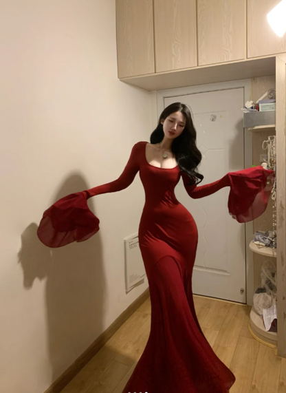 Charming Red Chiffon Mermaid Long Party Dress Prom Gown