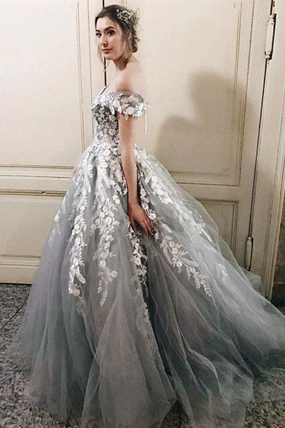 Off Shoulder Gray Lace Long Prom Dresses, Princess Tulle Formal Dress