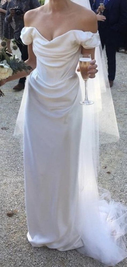 Off The Shoulder Pleated Sheath Long Wedding Gown