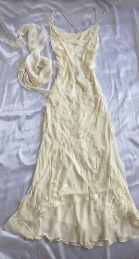 White Chiffon 3D Floral Mermaid Long Prom Dress, AST916