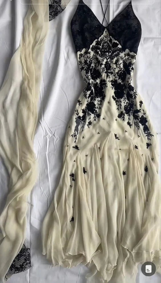 Off-White Chiffon Black Lace Prom Dress - Spaghetti Strap Long Gown