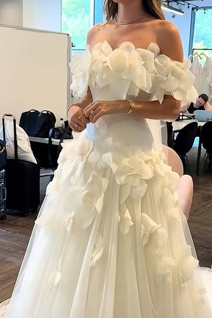 Off The Shoulder 3D Floral Wedding Dresses Tulle A-line Bridal Dress, AST1923