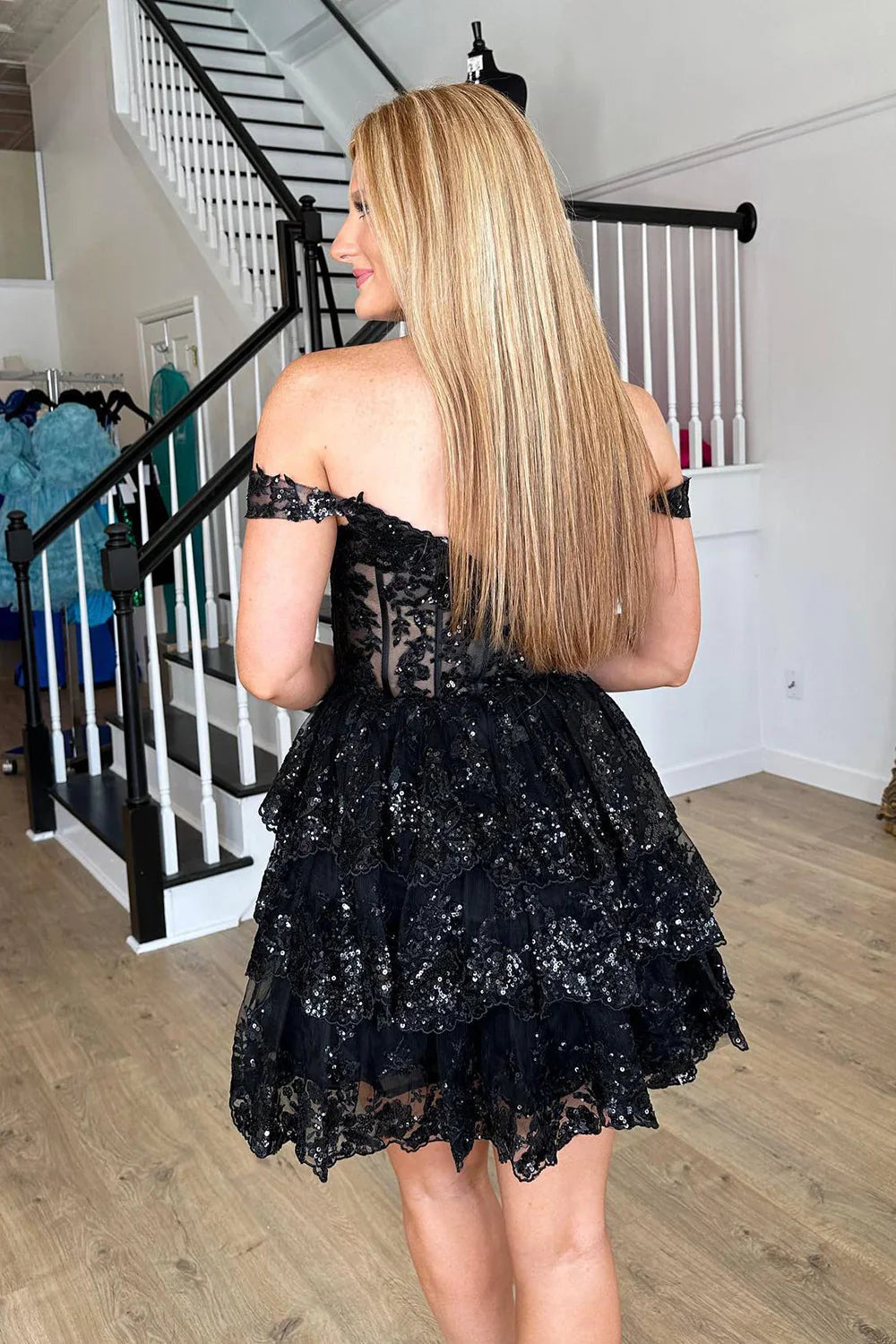 Off The Shoulder Lace Sequin Homecoming Dress, AST1011