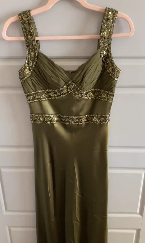 Olive Green Mermaid Beaded Satin Long Prom Dress , AST904
