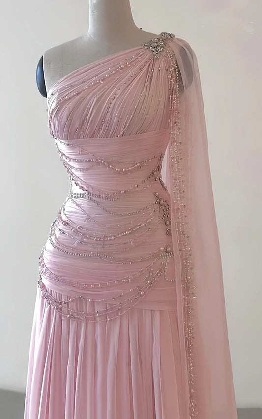 One Shoulder Chiffon Sheath Prom Dresses Beaded Evening Party Dress,AST2127